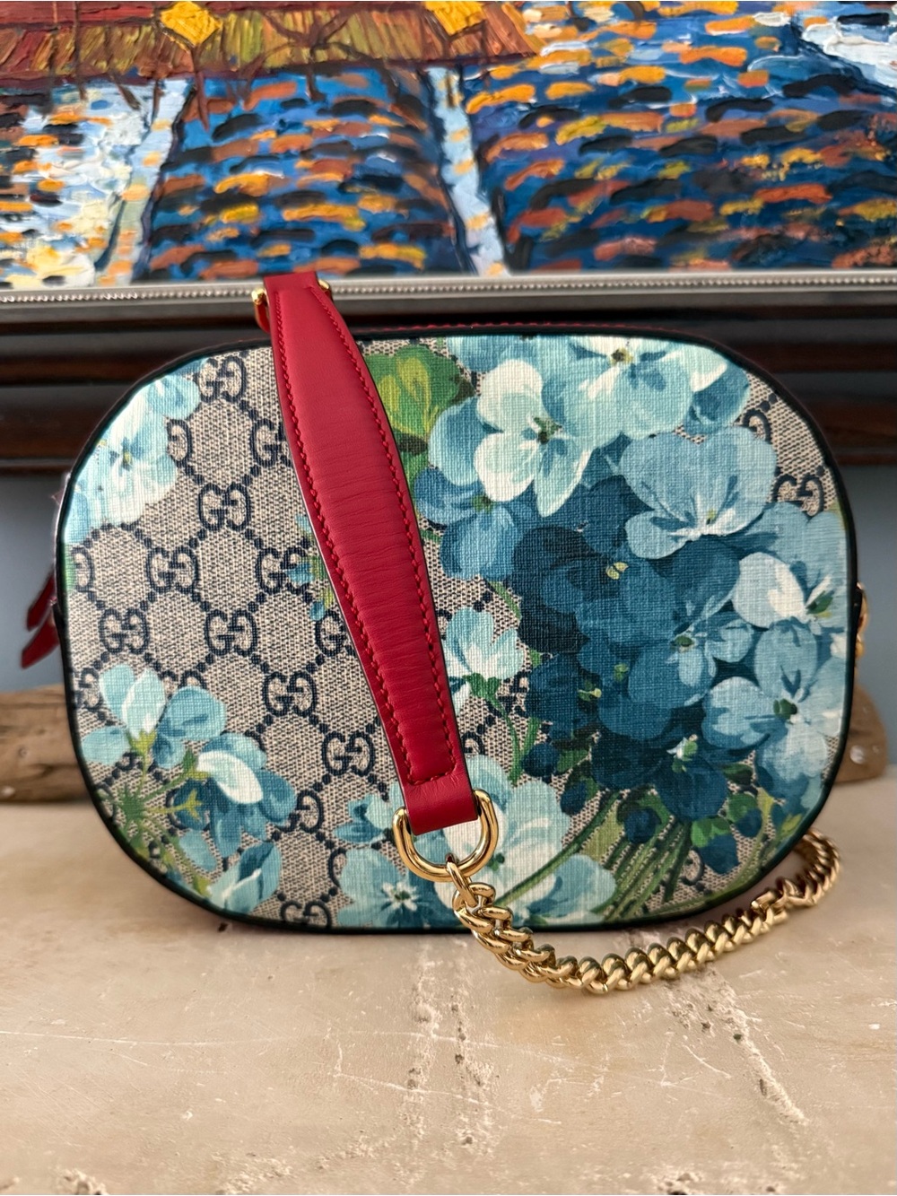 Gucci Blooms GG Canvas Crossbody Bag with Red Strap
